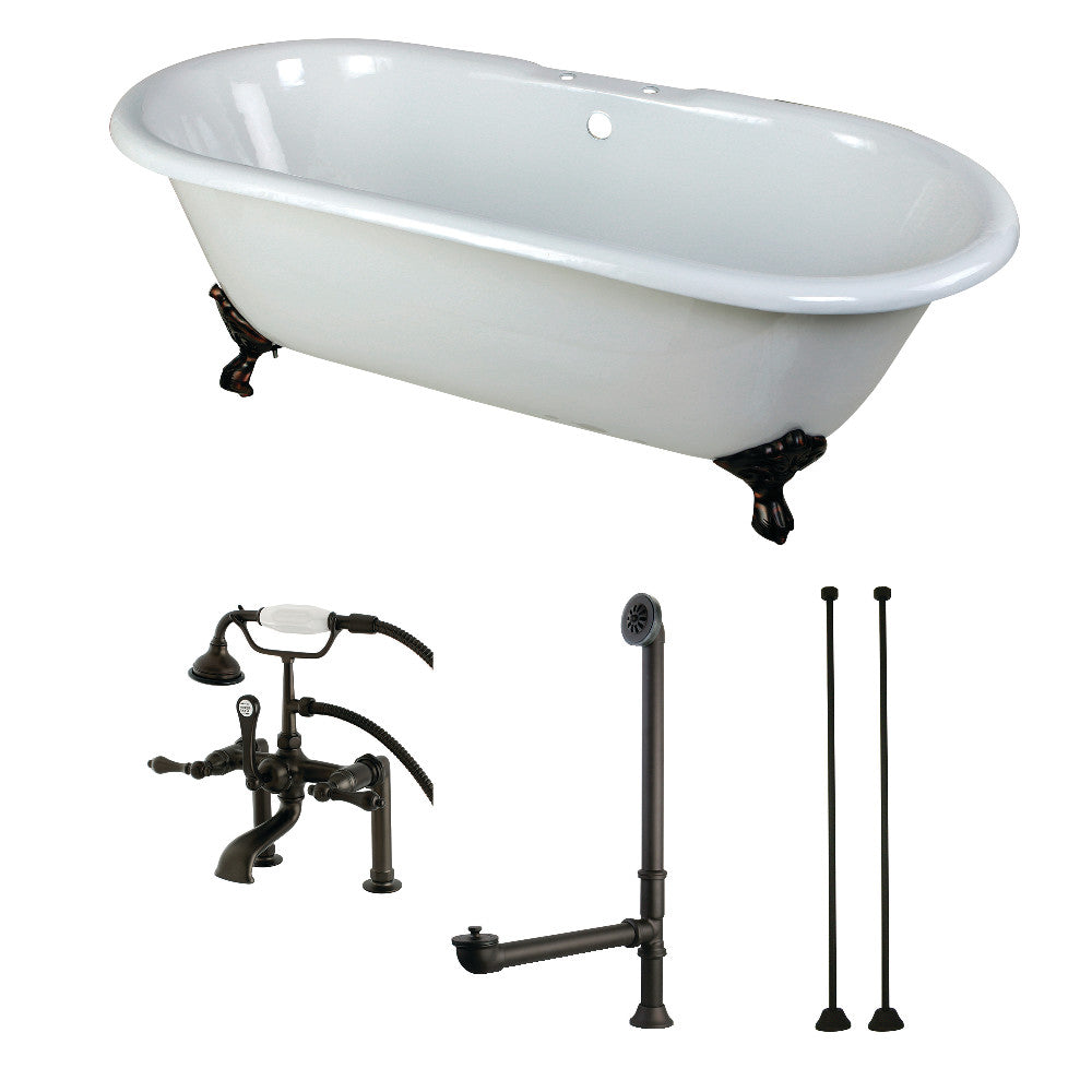 White oval cast iron clawfoot tub with deck faucet, drain, and supply lines