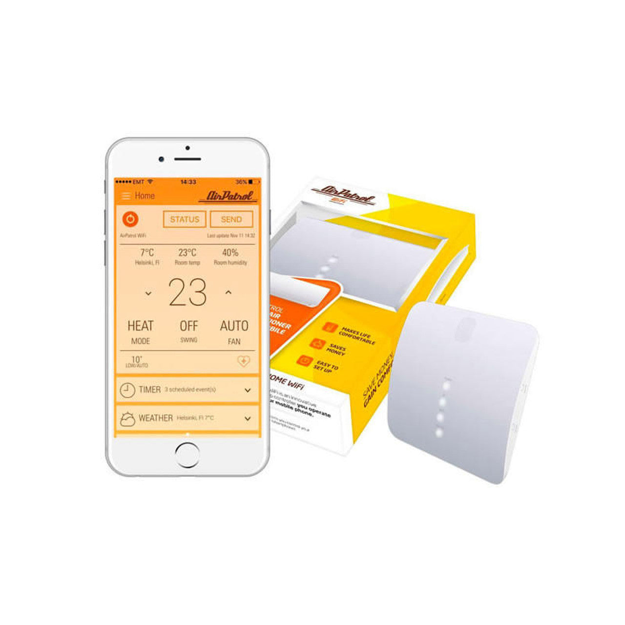Wireless mini split remote and smartphone-style app box, white and yellow packaging