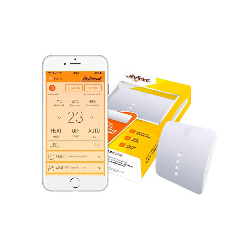 AirPatrol WiFi mini-split remote control with app screen and controller