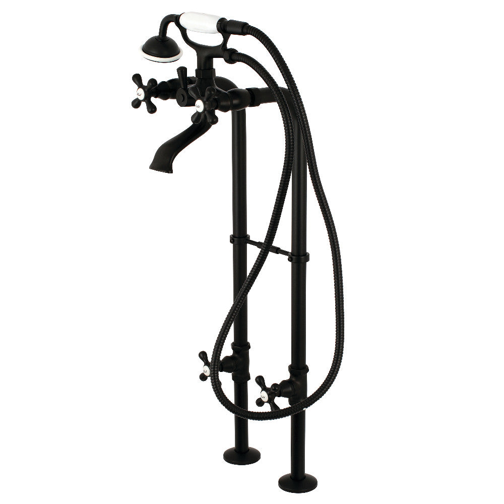 Matte black freestanding tub faucet with curved spout, twin handles, and flexible supply lines