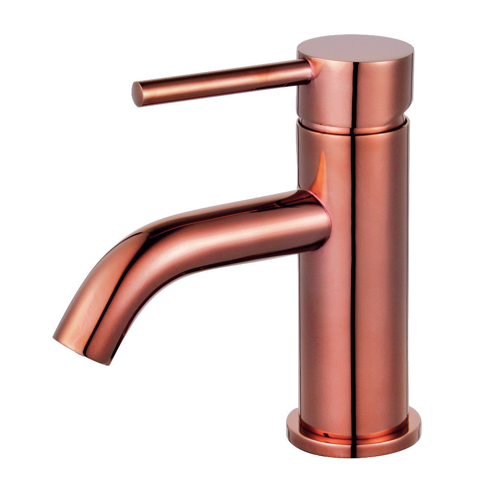 Rose gold single-hole bathroom faucet with tall cylindrical body and curved spout