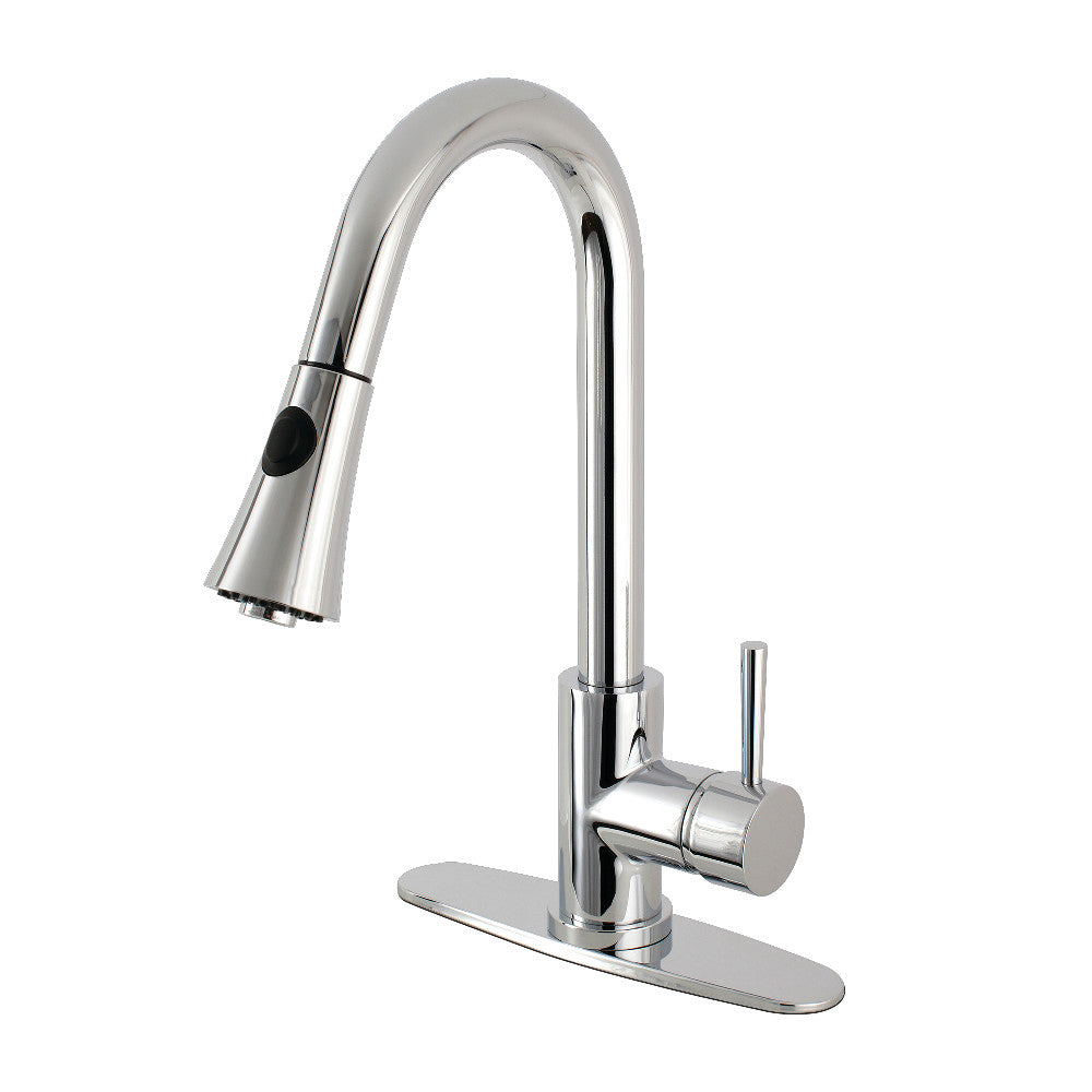 Polished chrome single-handle pull-down kitchen faucet with curved spout and side control