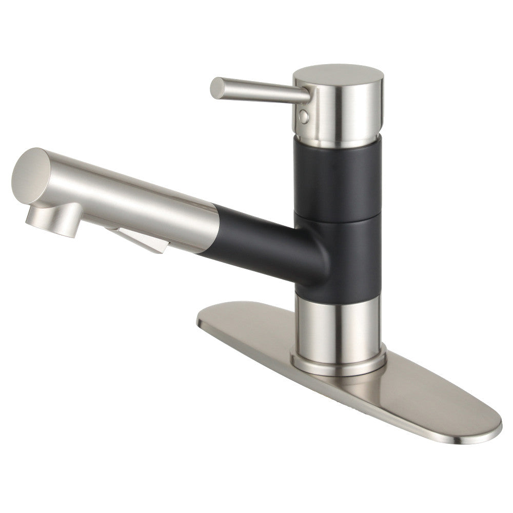 Single-handle pull-out kitchen faucet with matte black body and brushed nickel handle
