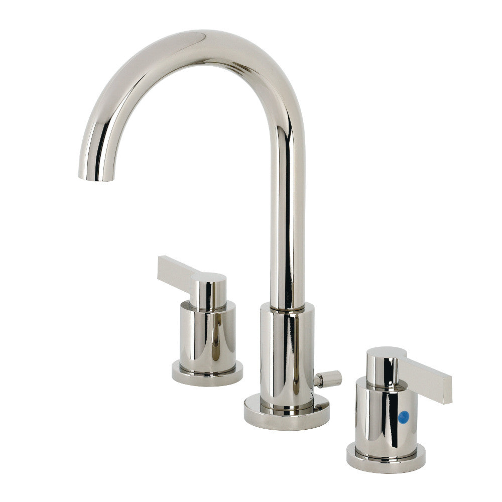 Polished nickel widespread bathroom faucet with arched spout and two lever handles
