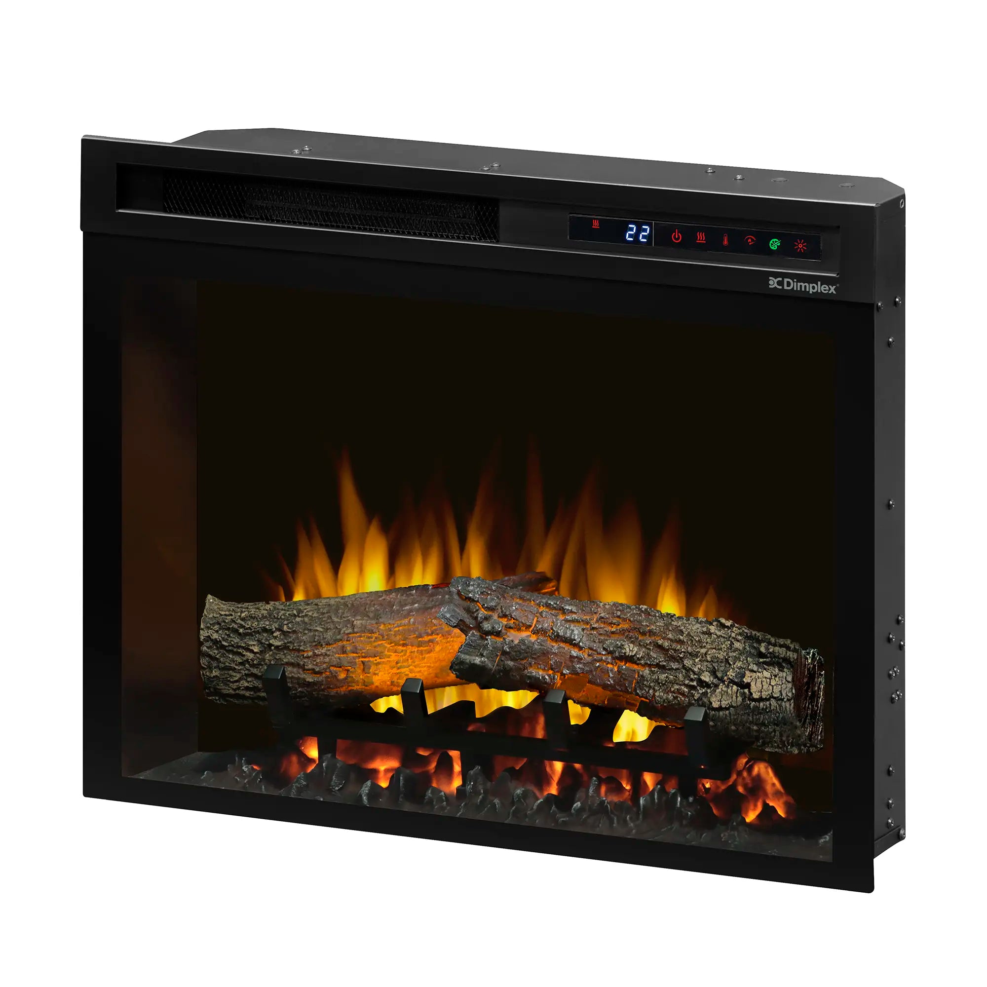 Black plug-in electric firebox with glass front, glowing flames and log set, control panel