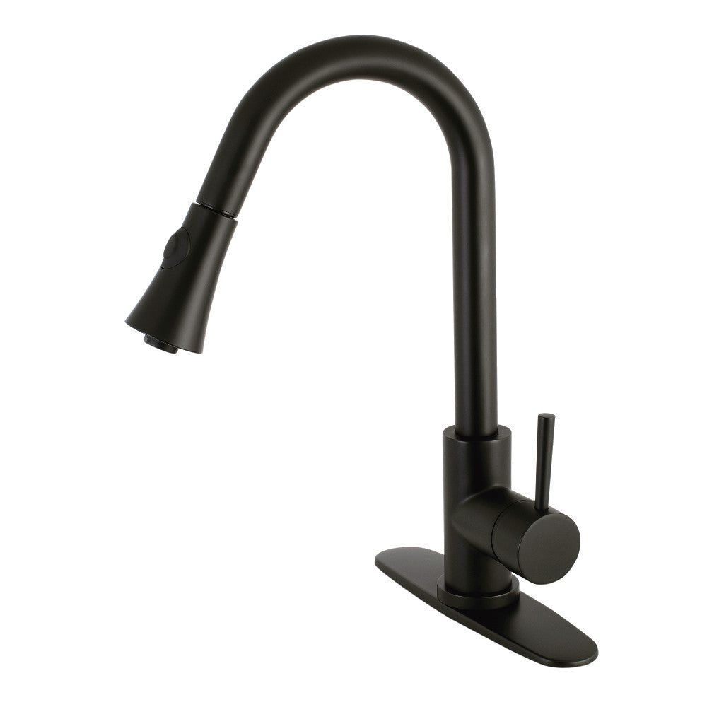 Matte black pull-down kitchen faucet with arched spout and side sprayer head