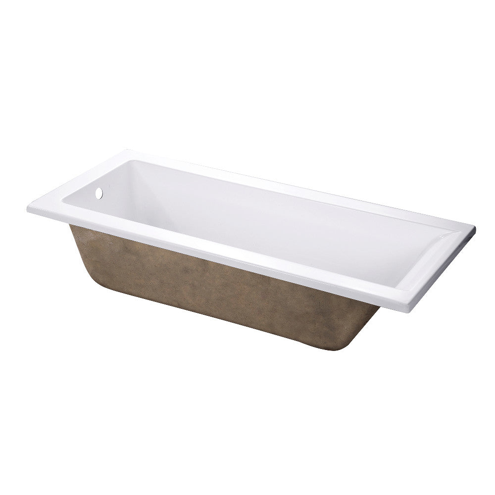 Glossy white rectangular drop-in acrylic tub with drain opening