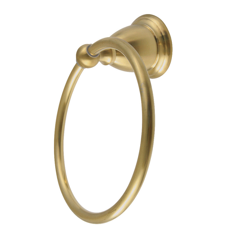 Brushed brass towel ring with round loop and decorative mounting plate