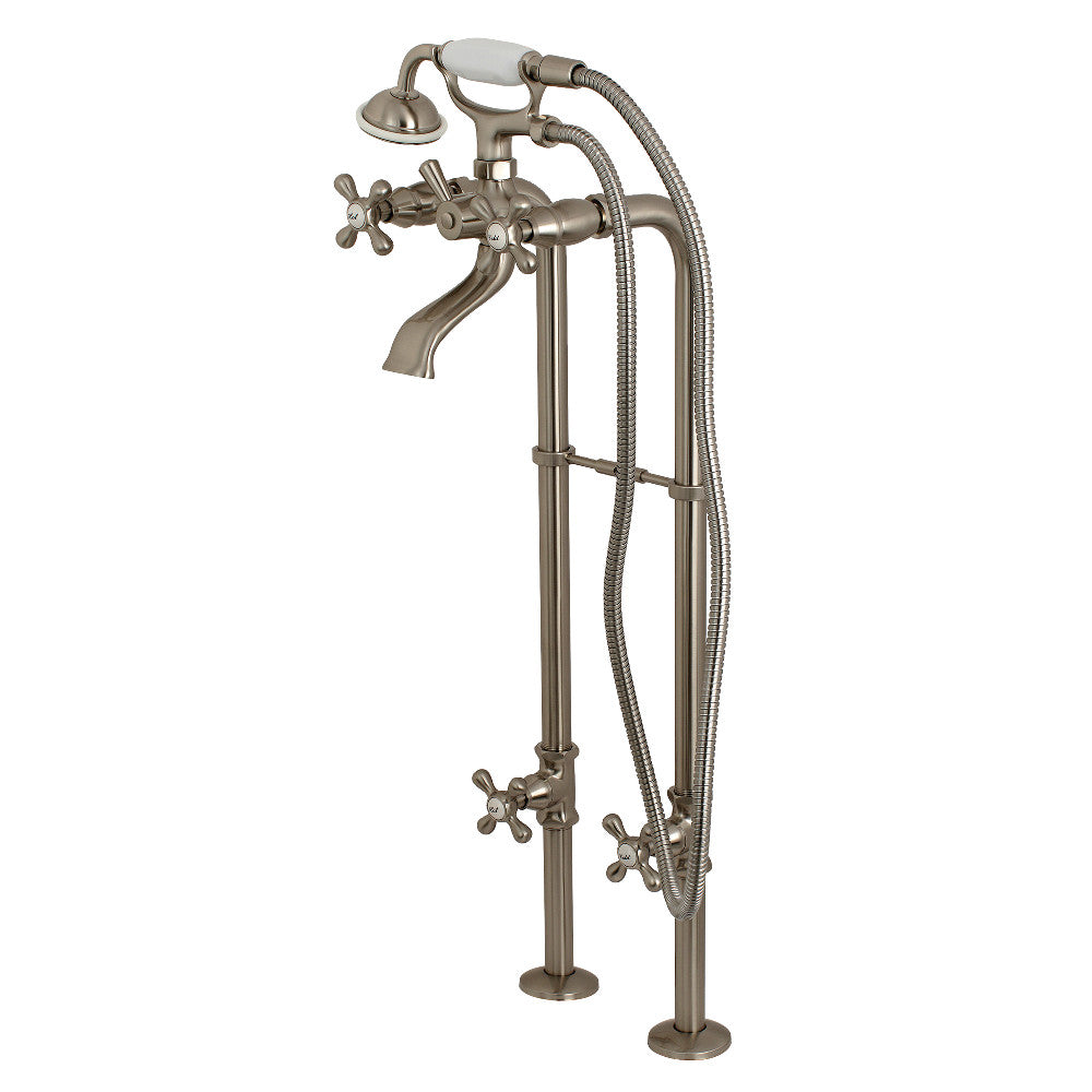 Brushed nickel freestanding tub faucet with cross handles, supply lines, and stop valves.