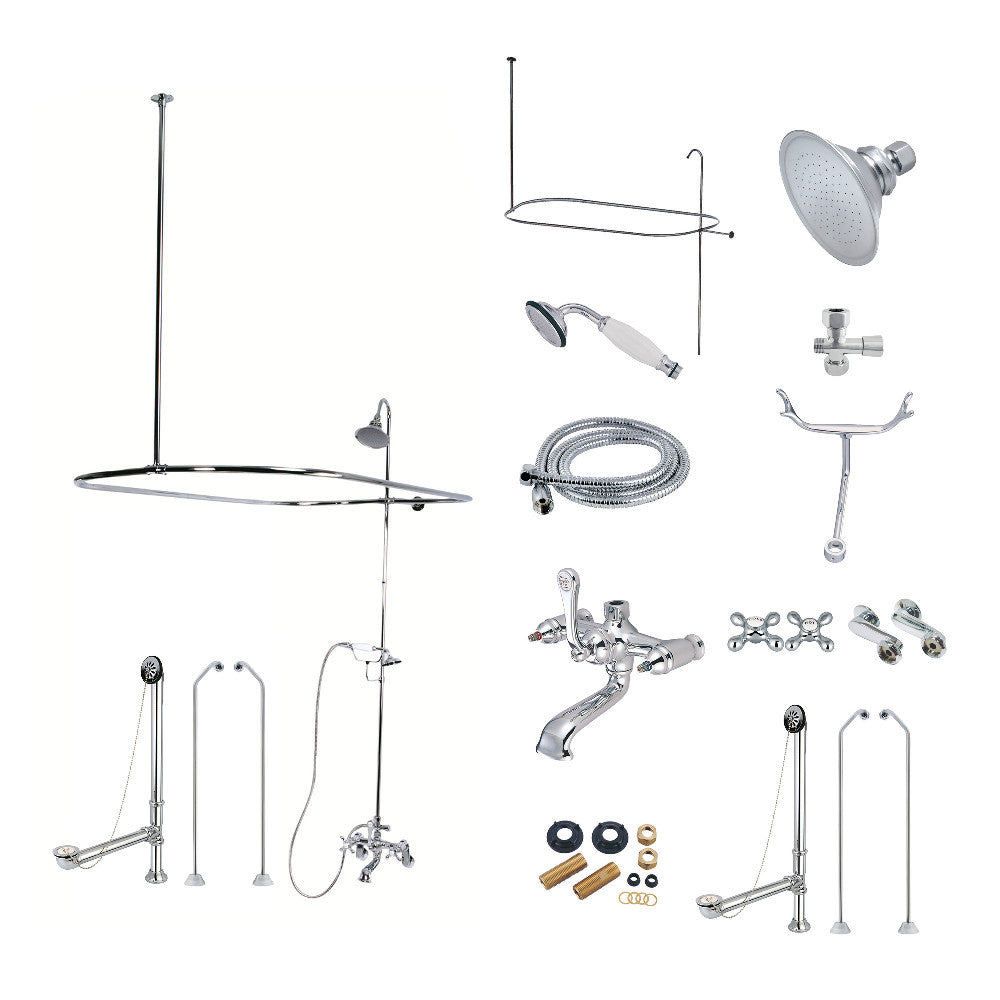 Clawfoot tub faucet kit with shower enclosure, hand shower, polished chrome finish