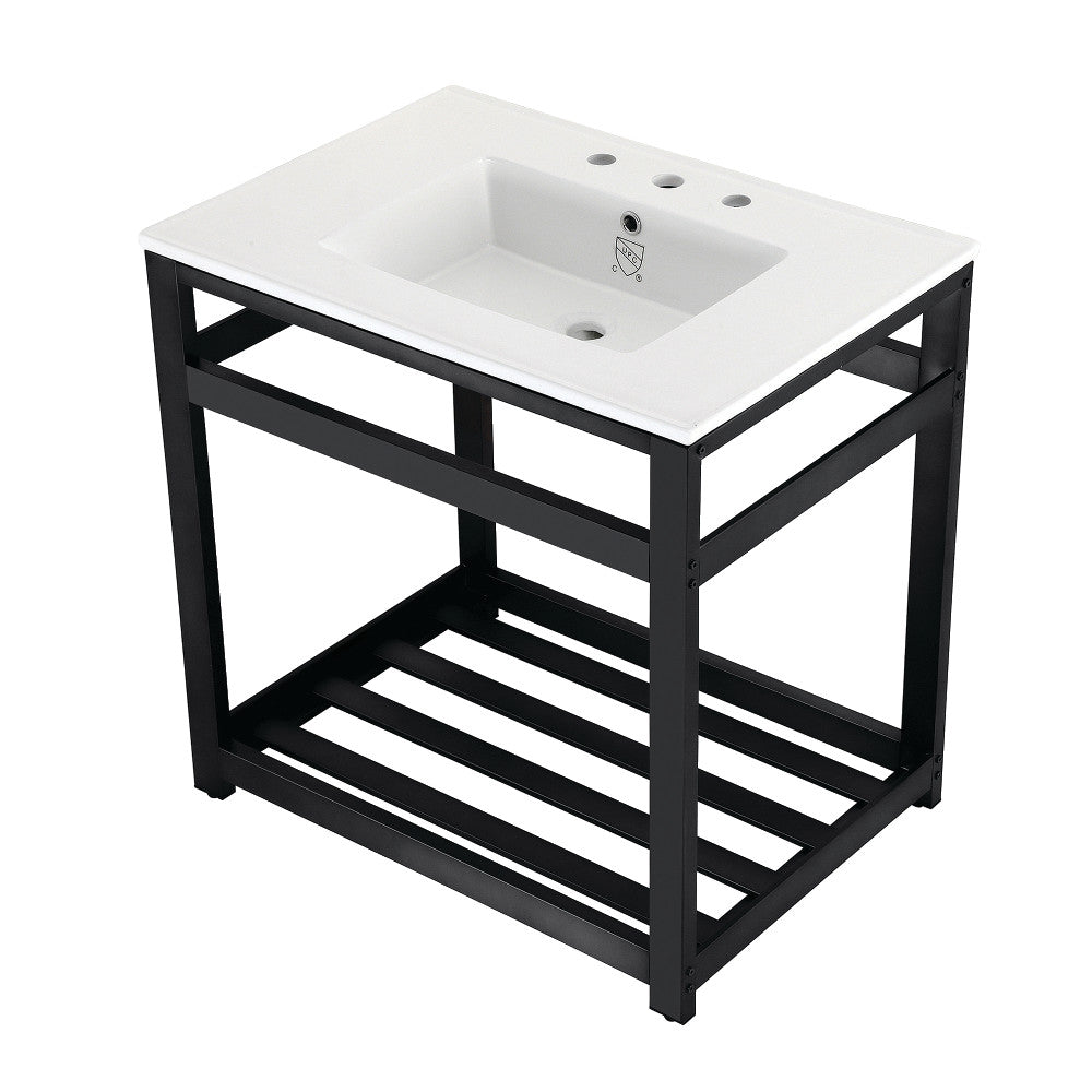 Ceramic console sink with white basin and matte black steel base plus open shelf