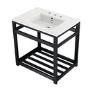 Kingston Brass Quadras 31" Ceramic Console Sink with Steel Base and Shelf (8-Inch, 3-Hole), White/Matte Black (VWP3122W8A0)
