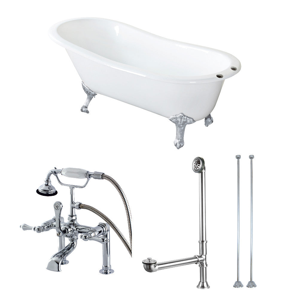 White oval slipper clawfoot tub with polished chrome faucet, drain, and supply lines