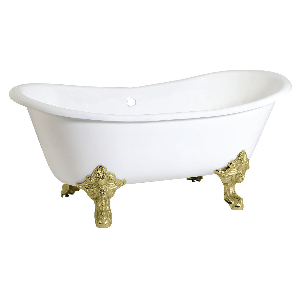 White oval double slipper clawfoot cast iron tub with polished brass claw feet