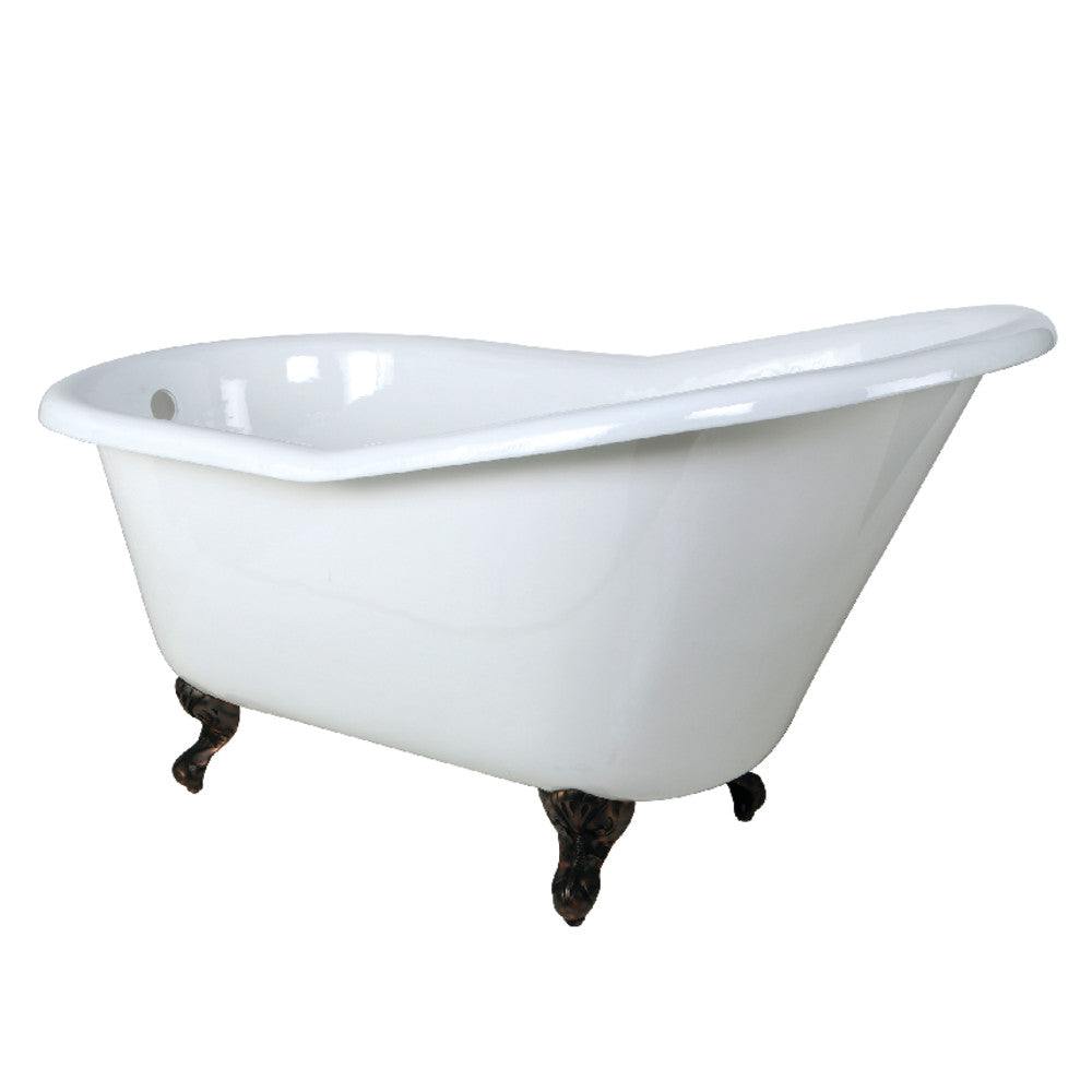 White oval cast iron slipper clawfoot tub with glossy finish and dark claw feet