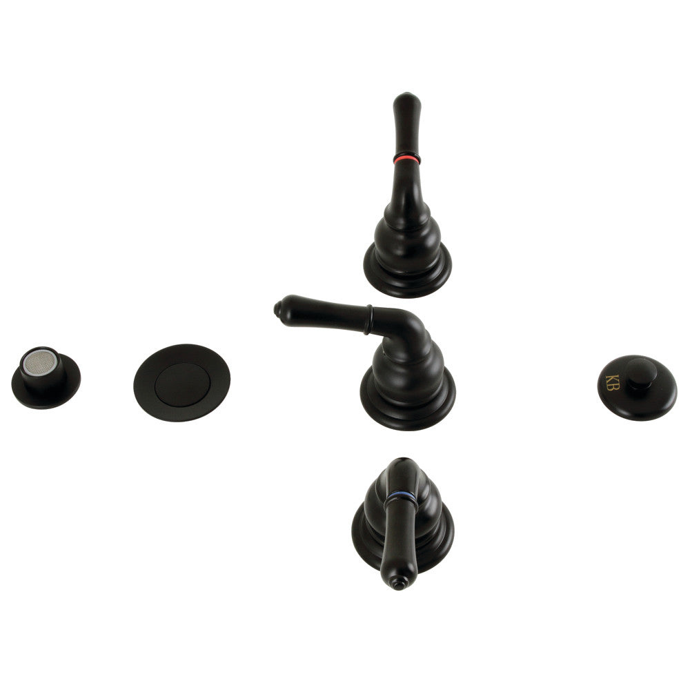 Matte black three-handle bidet faucet set with pop-up drain and round handles.
