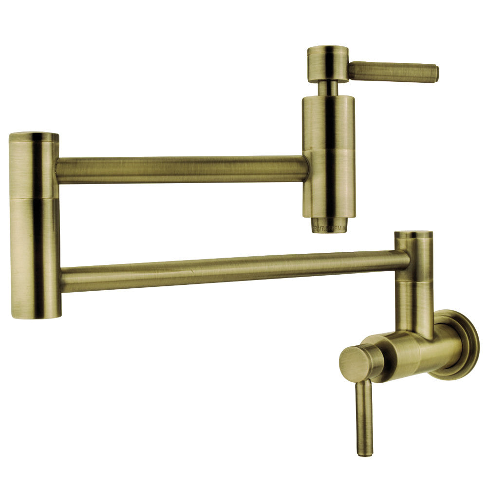 Antique brass wall-mount pot filler faucet with cross handles and cylindrical spout
