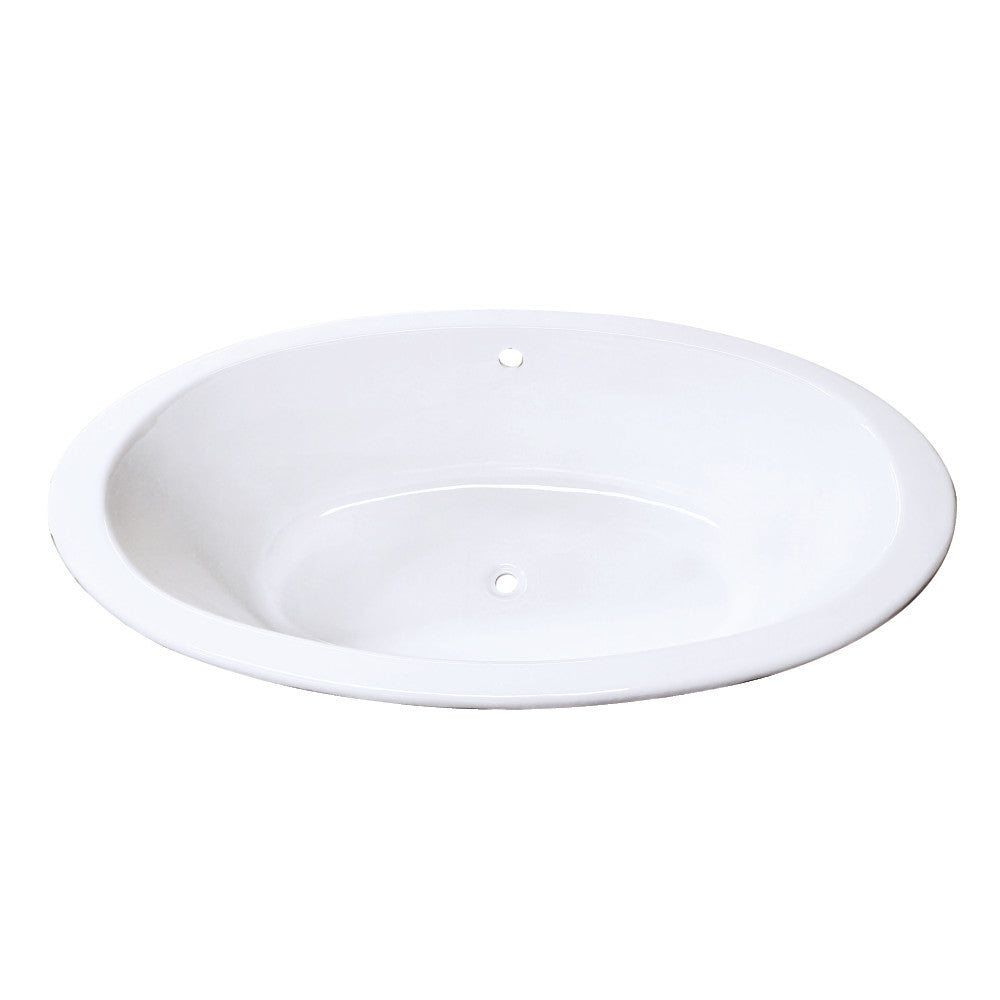 Oval drop-in cast iron tub with glossy white interior and rim, center drain openings
