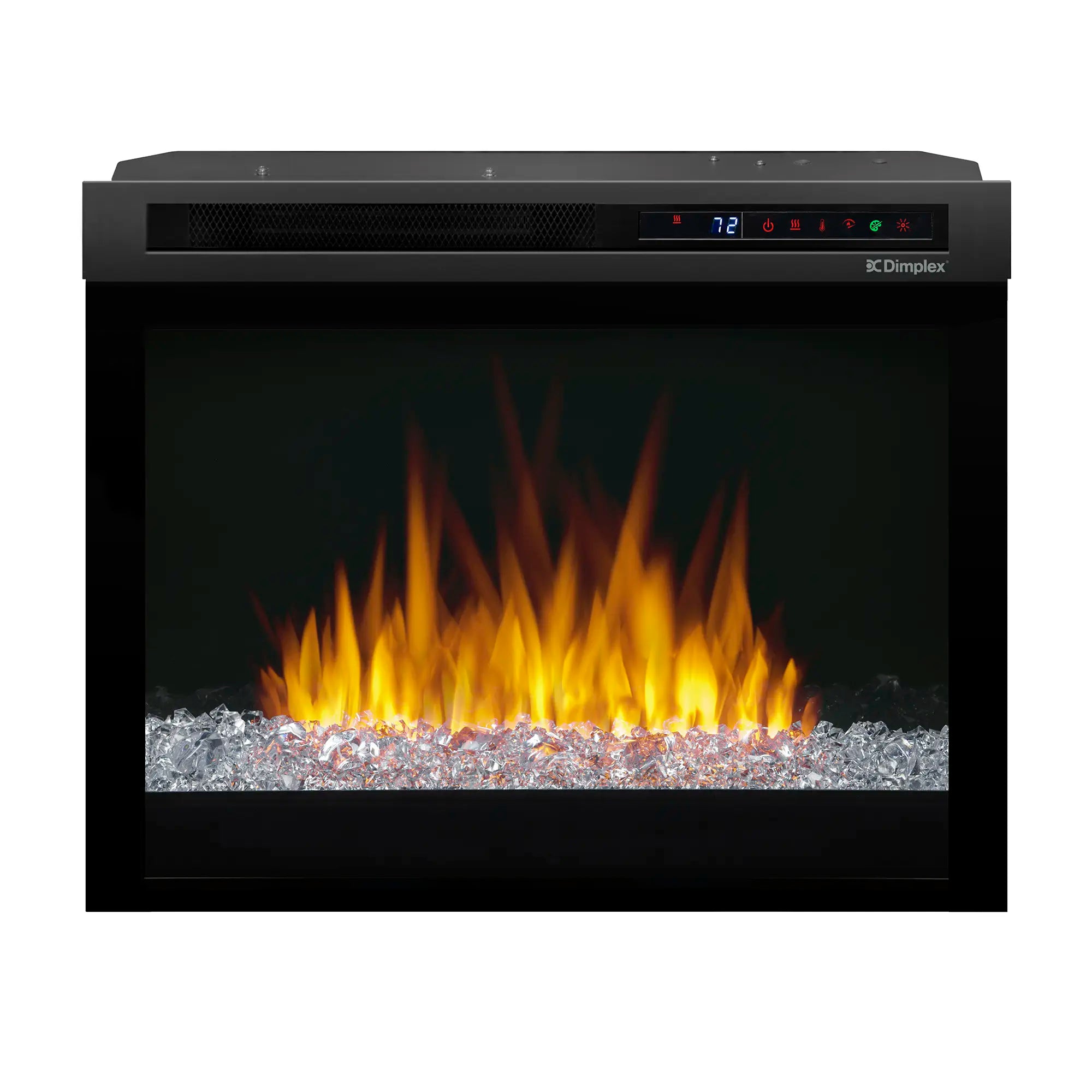 Black electric firebox with top vent and orange flames over silver crystal bed