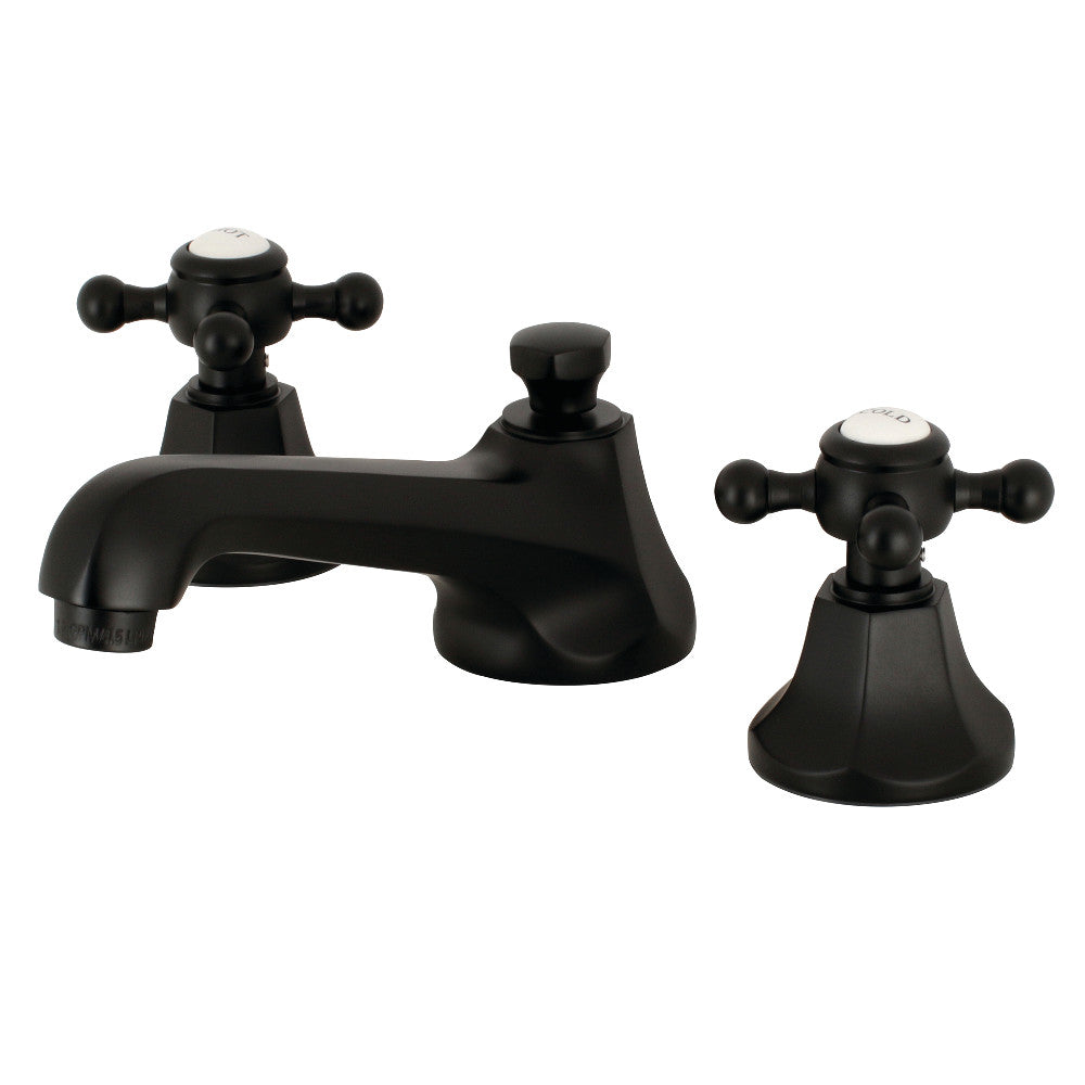 Matte black widespread bathroom faucet with cross handles and spout, deck-mounted