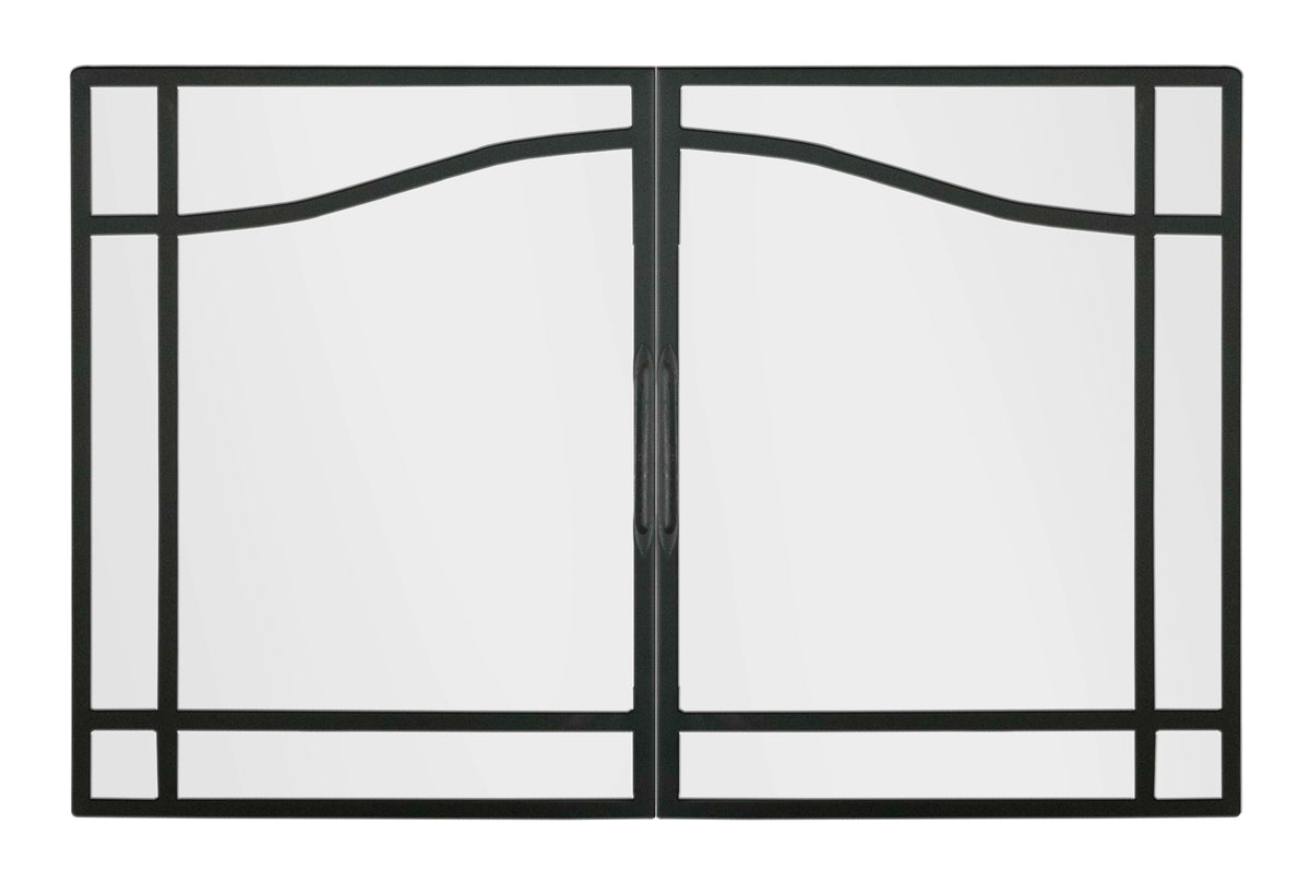 Black two-panel glass swing door with central hinge and handle, decorative curved bars