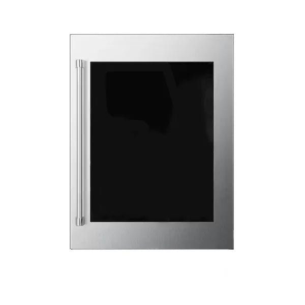 Stainless steel under-counter panel with black insert and vertical side pull handle