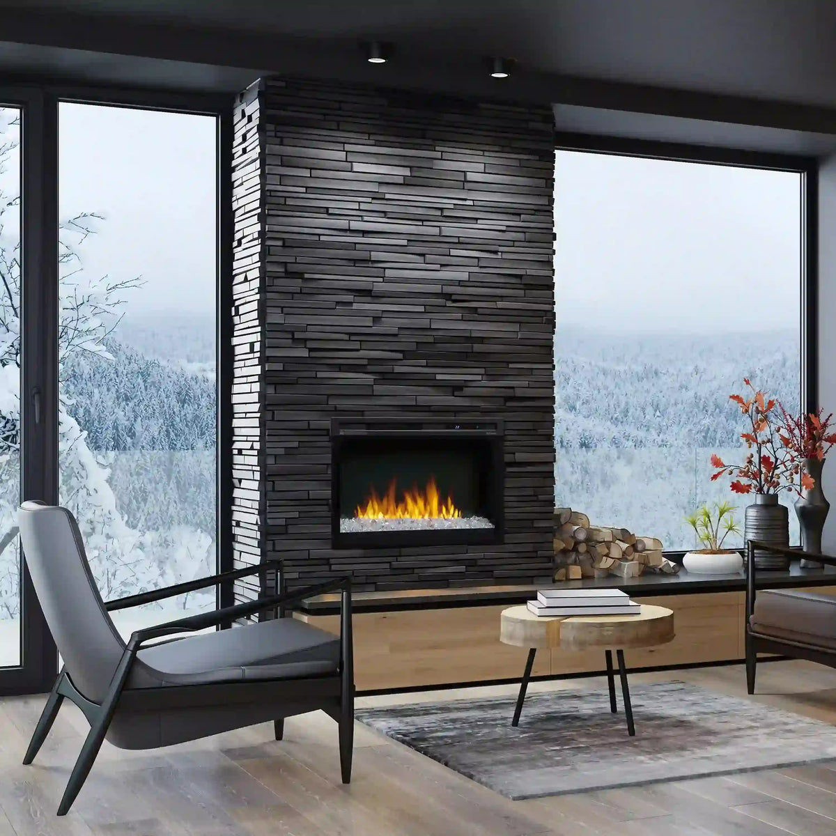 Built-in electric firebox with flame display set into a stone-look surround