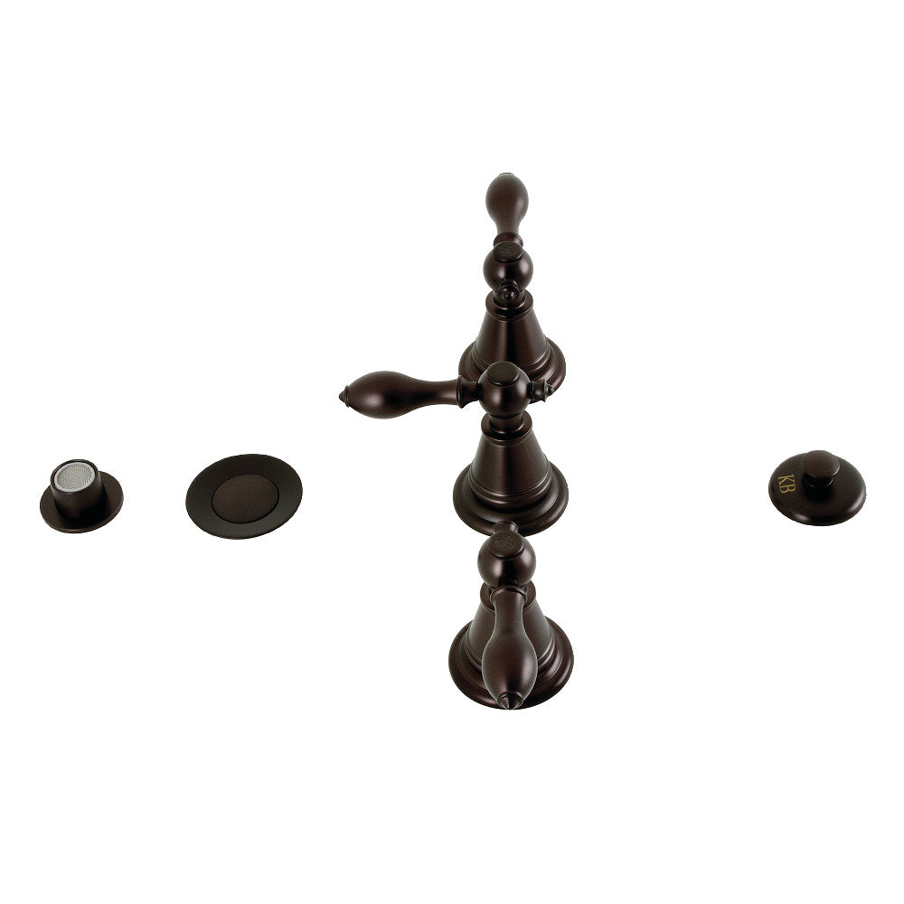 Oil-rubbed bronze three-handle bidet faucet with matching pop-up cover pieces