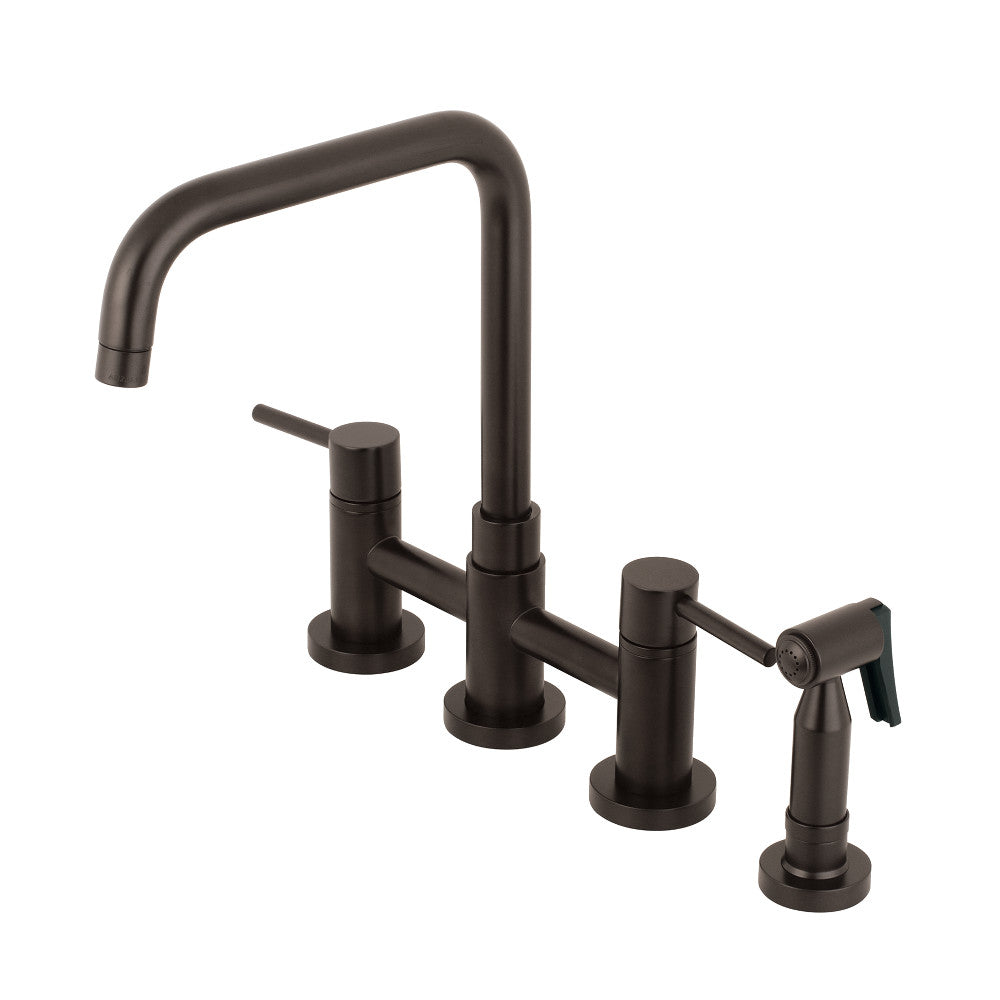 Oil-rubbed bronze kitchen bridge faucet with side sprayer and cross handles