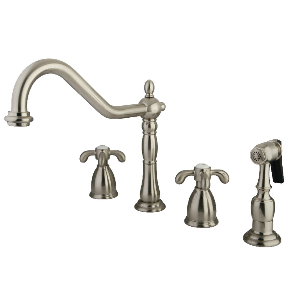 Brushed nickel double-handle widespread kitchen faucet with sprayer