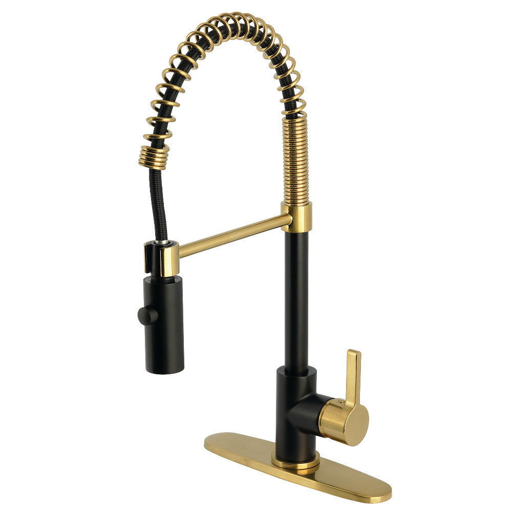 Pre-rinse kitchen faucet, single-handle deck mount in matte black and brushed brass