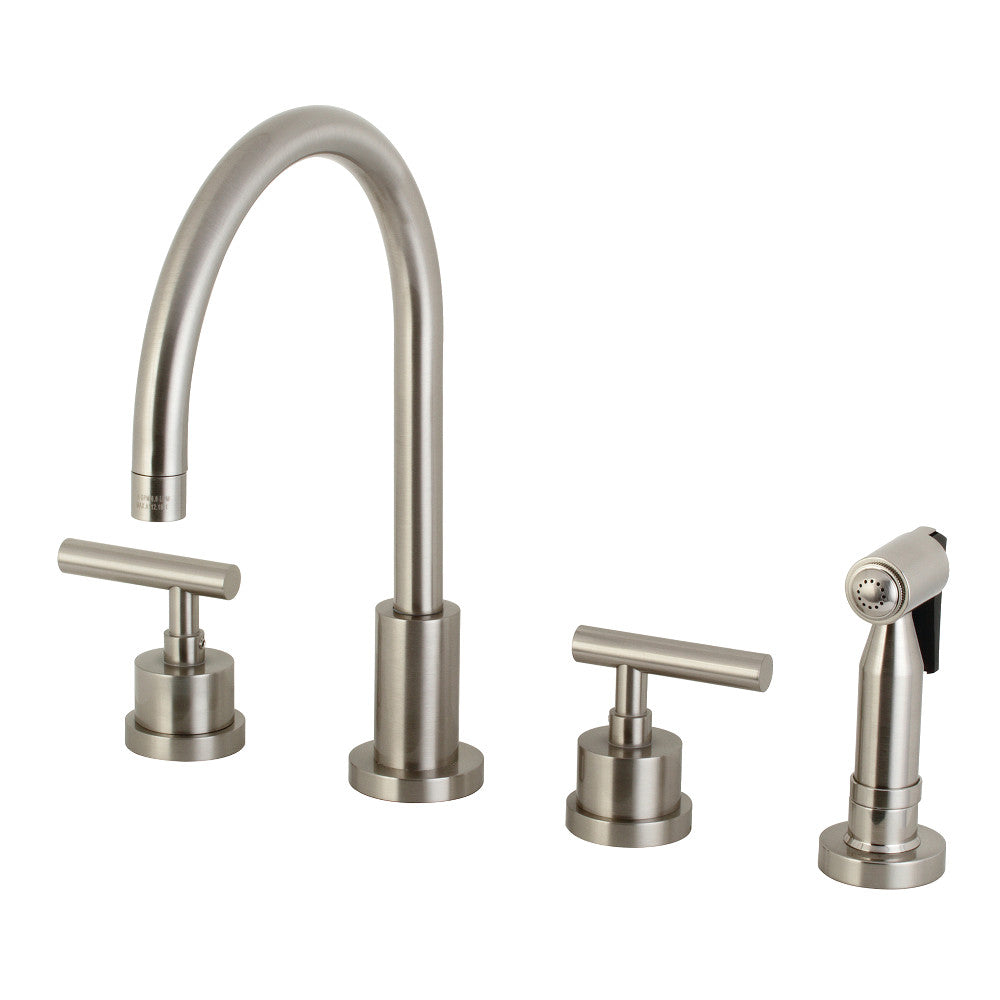 Widespread kitchen faucet with two lever handles and brass sprayer, brushed nickel