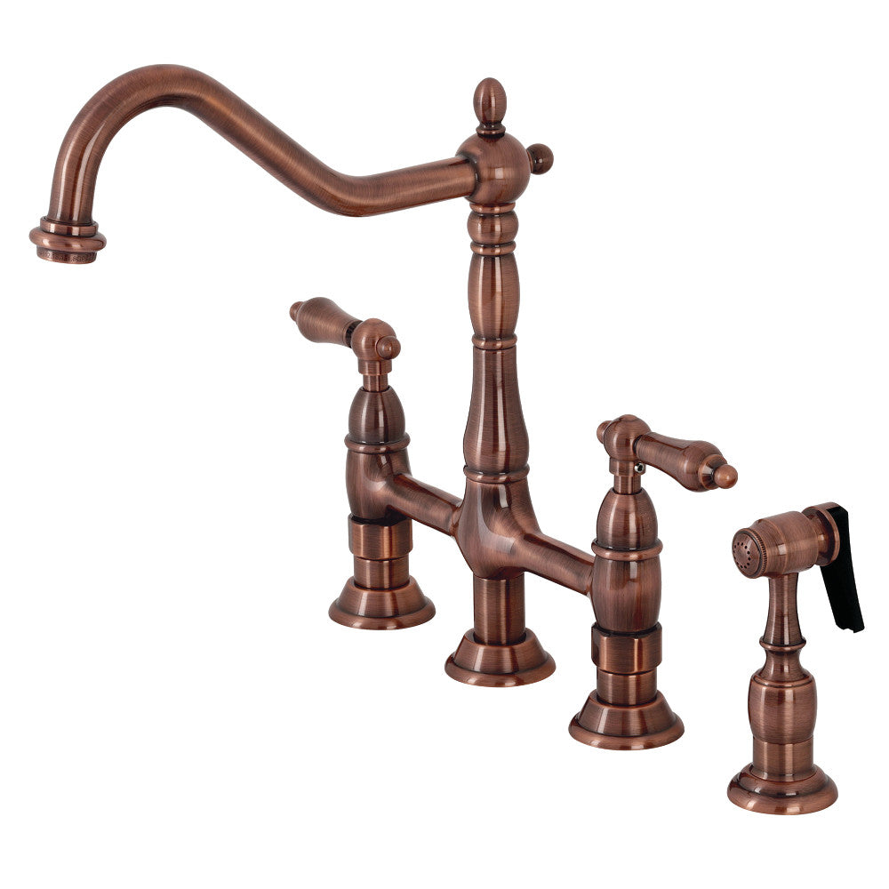 Antique copper bridge kitchen faucet with brass side sprayer and 3-piece handle set
