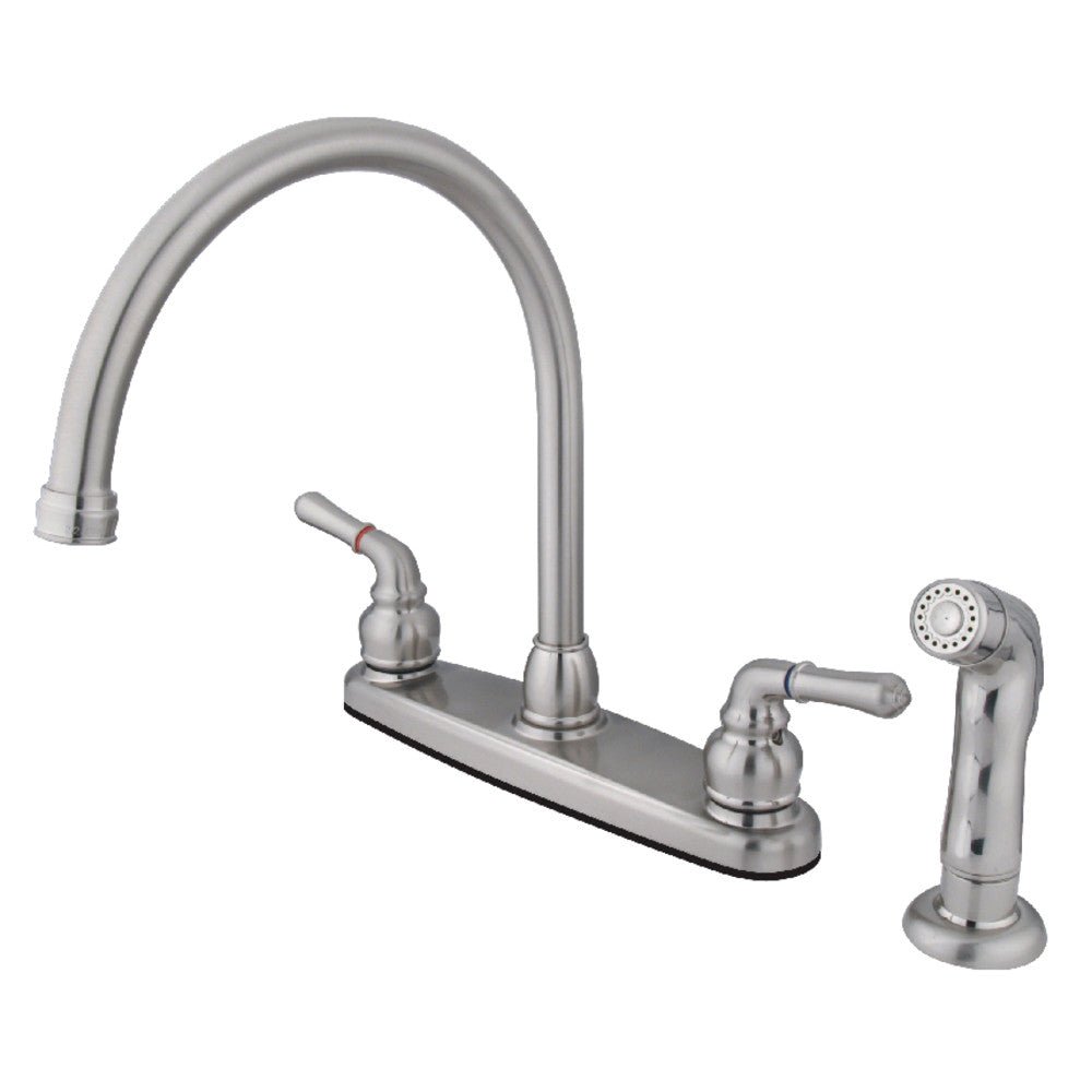 Brushed nickel centerset kitchen faucet with two handles and side sprayer