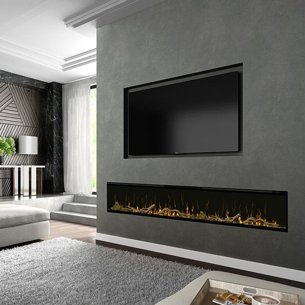 Linear fireplace accessory kit with driftwood logs and river rock stones in hearth