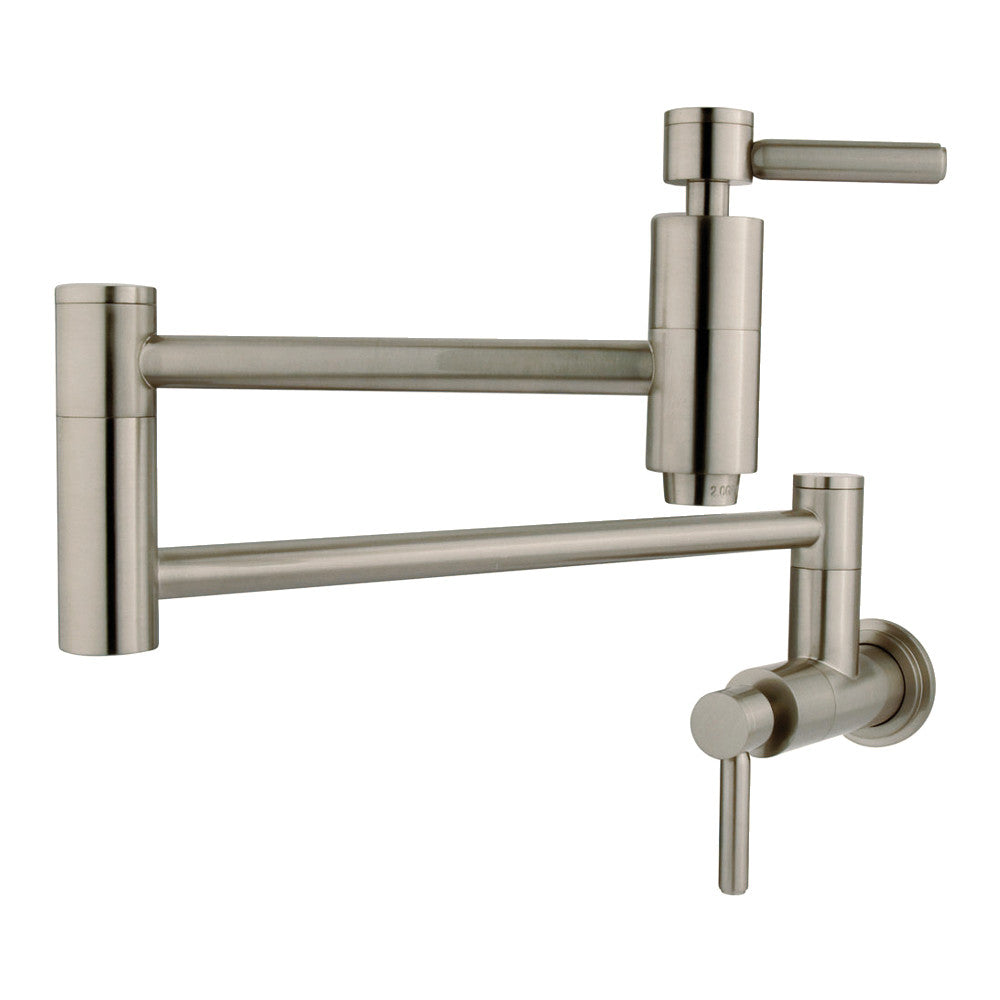 Brushed nickel wall-mount pot filler faucet with tall spout and side handles