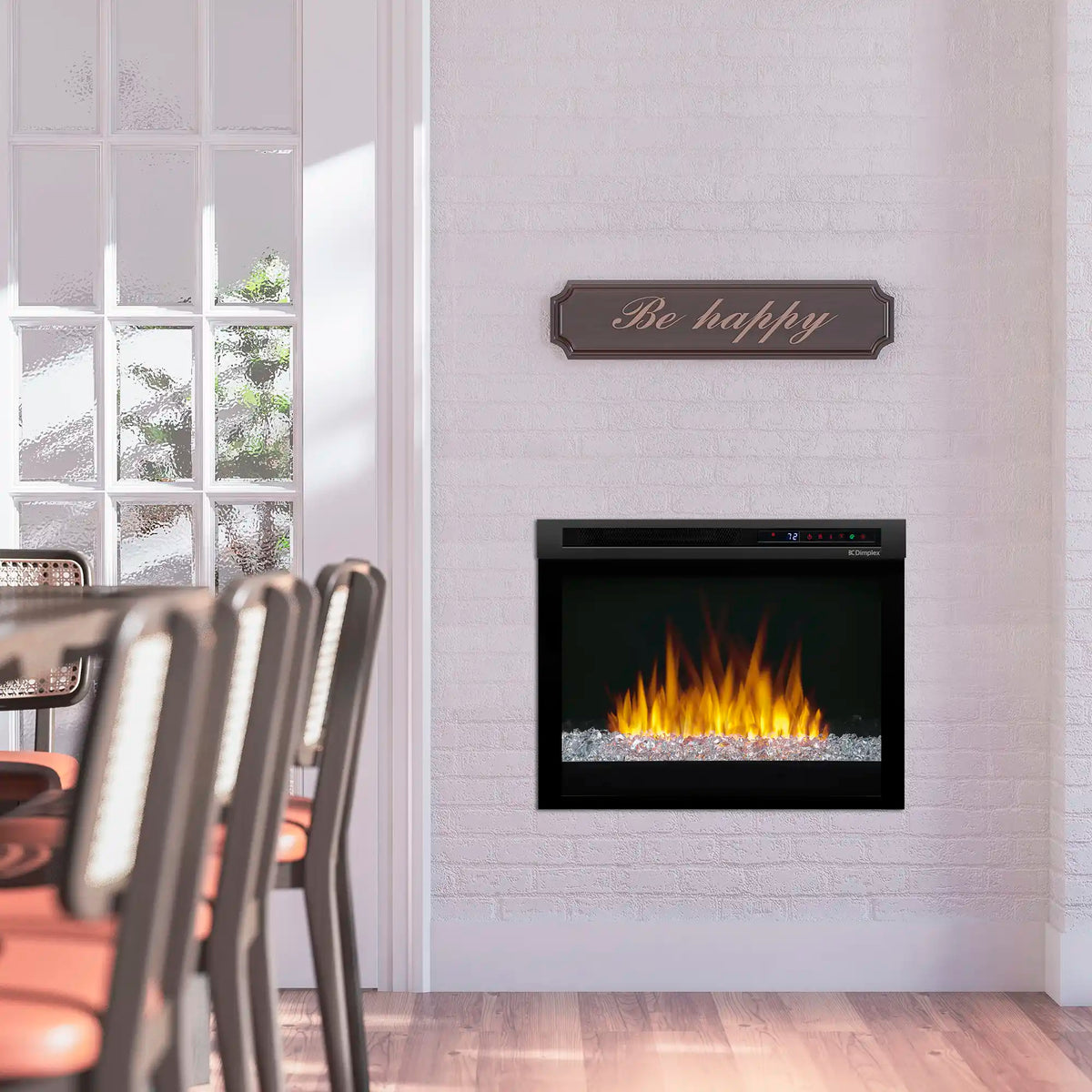 Wall-mounted black electric firebox with orange flames and silver crystal ember bed