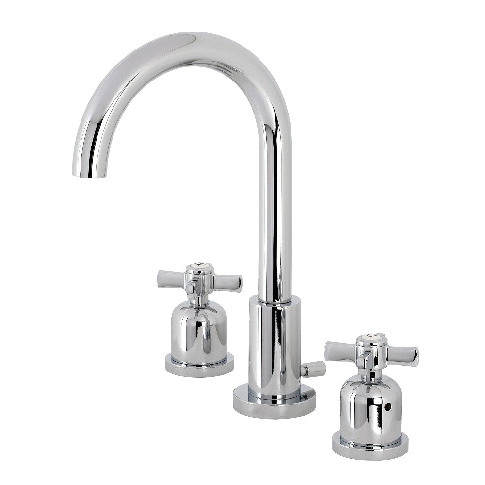 Polished chrome widespread bathroom faucet with curved spout and two cross handles