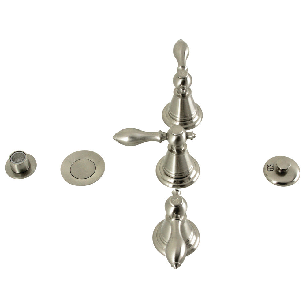 Brushed nickel bidet faucet components: handles, base escutcheon, and pop-up.