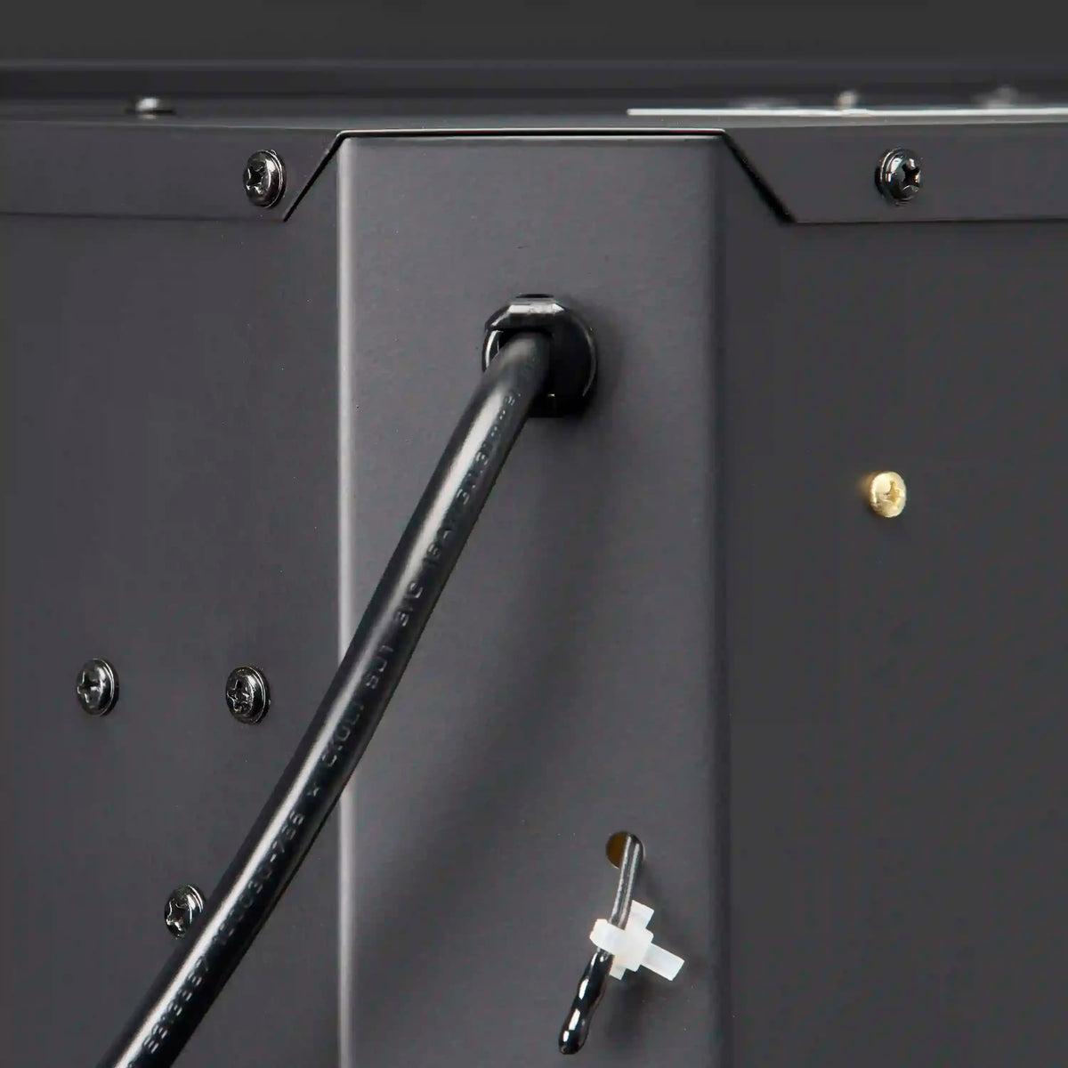 Black plug-in firebox panel with a curved handle and power connector port