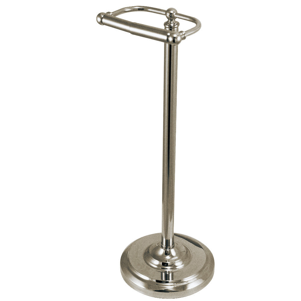 Freestanding toilet paper holder with brushed nickel base and curved top bar