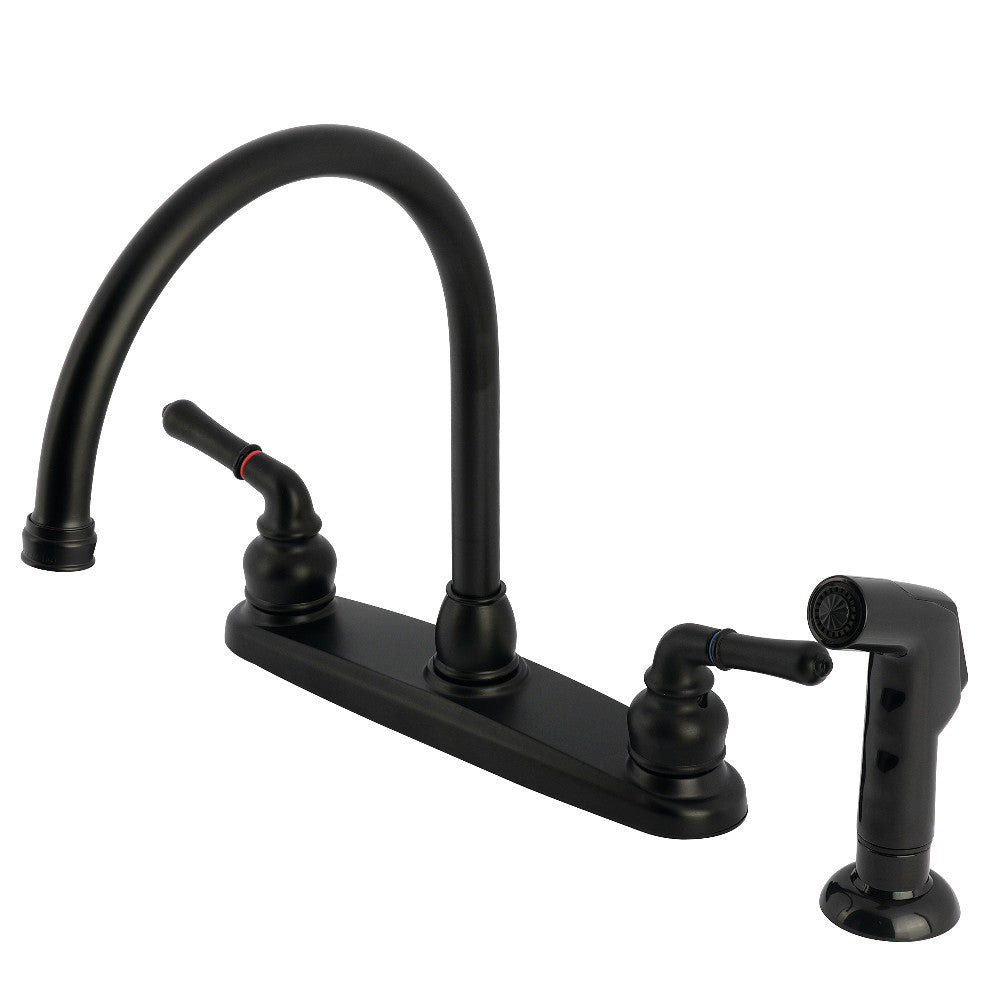 Matte black double-handle kitchen faucet with curved spout and side sprayer