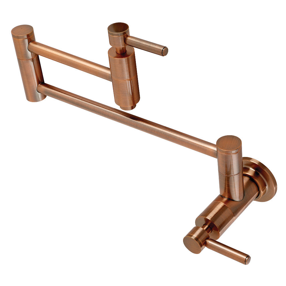 Antique copper wall-mount pot filler faucet with two side spouts and control handles