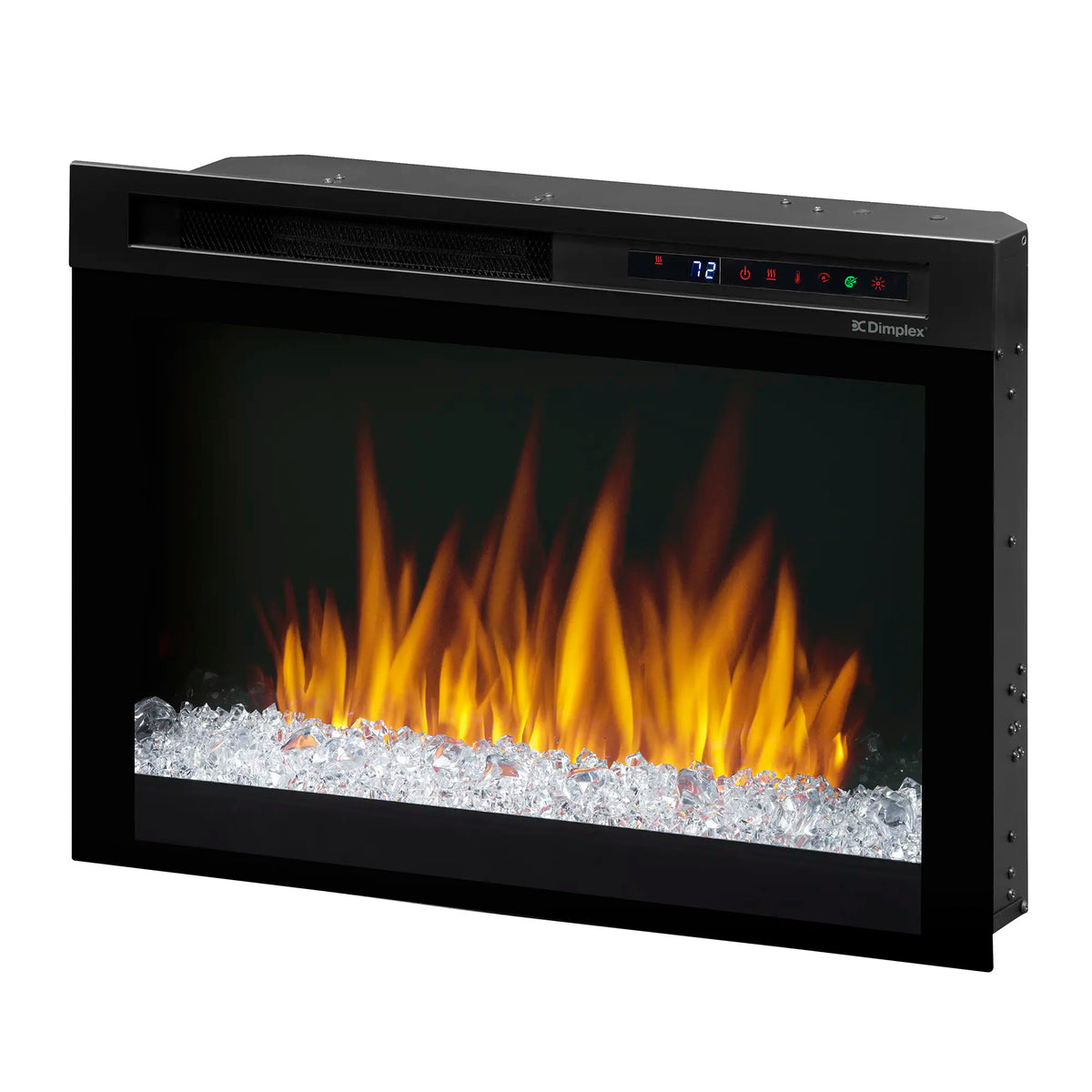 Black electric firebox with acrylic ember bed and flame effect, front view