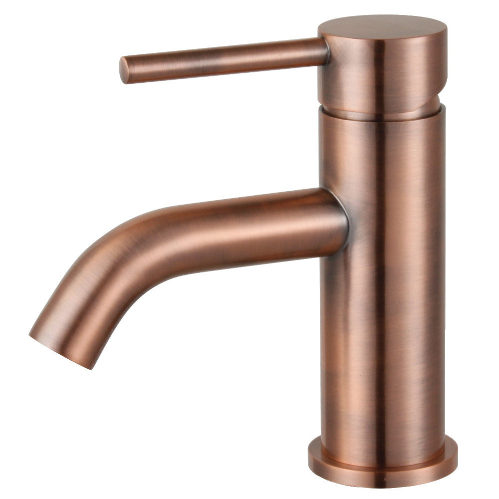 Antique copper single-handle bathroom faucet with curved spout and tall cylinder body