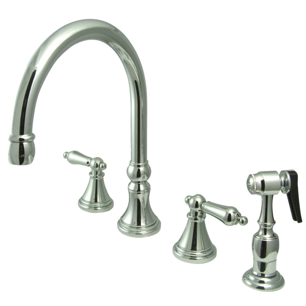 Polished chrome widespread kitchen faucet with two handles and side spray