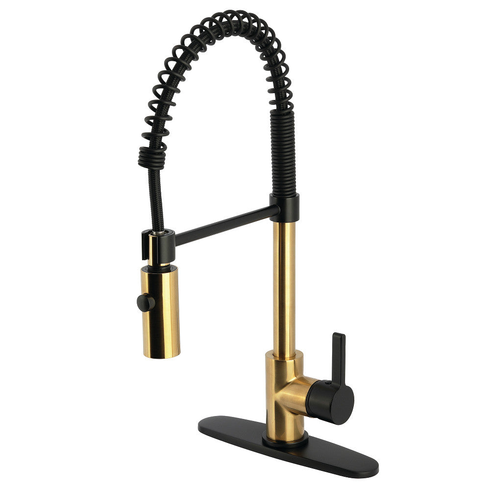 Brushed brass single-handle pre-rinse deck-mount kitchen faucet with matte black pull-down sprayer