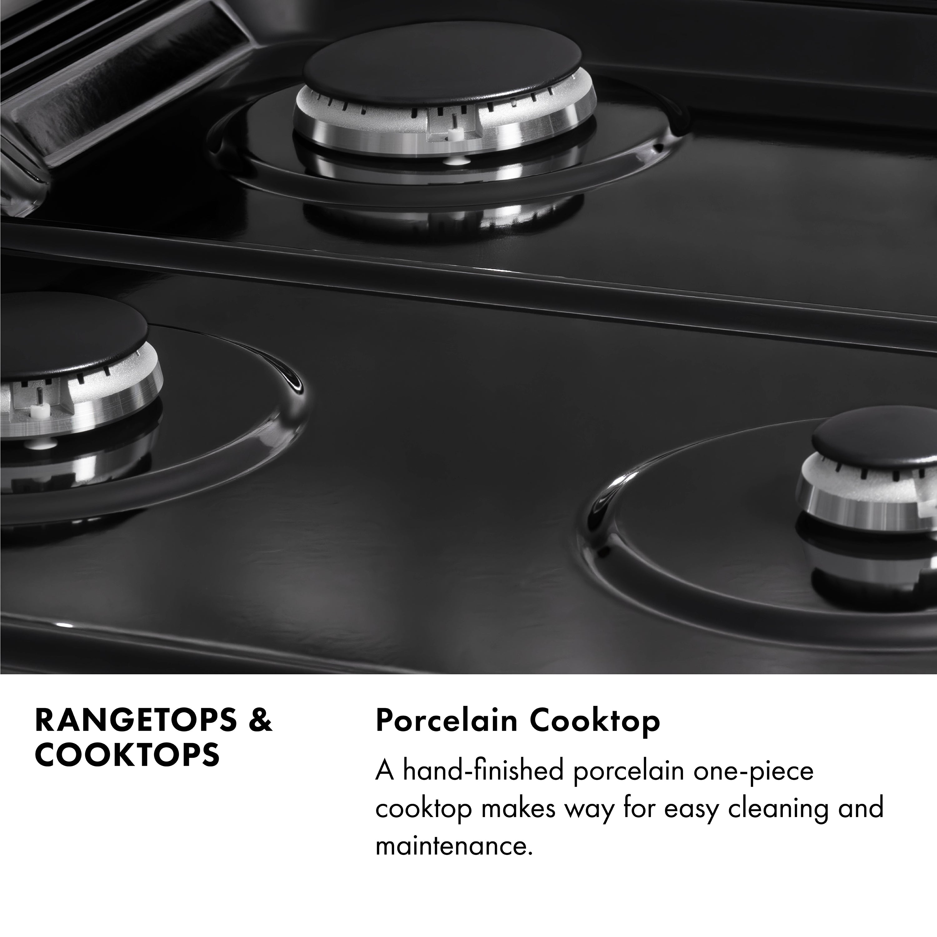 Black porcelain gas cooktop surface with round burner grates and control caps