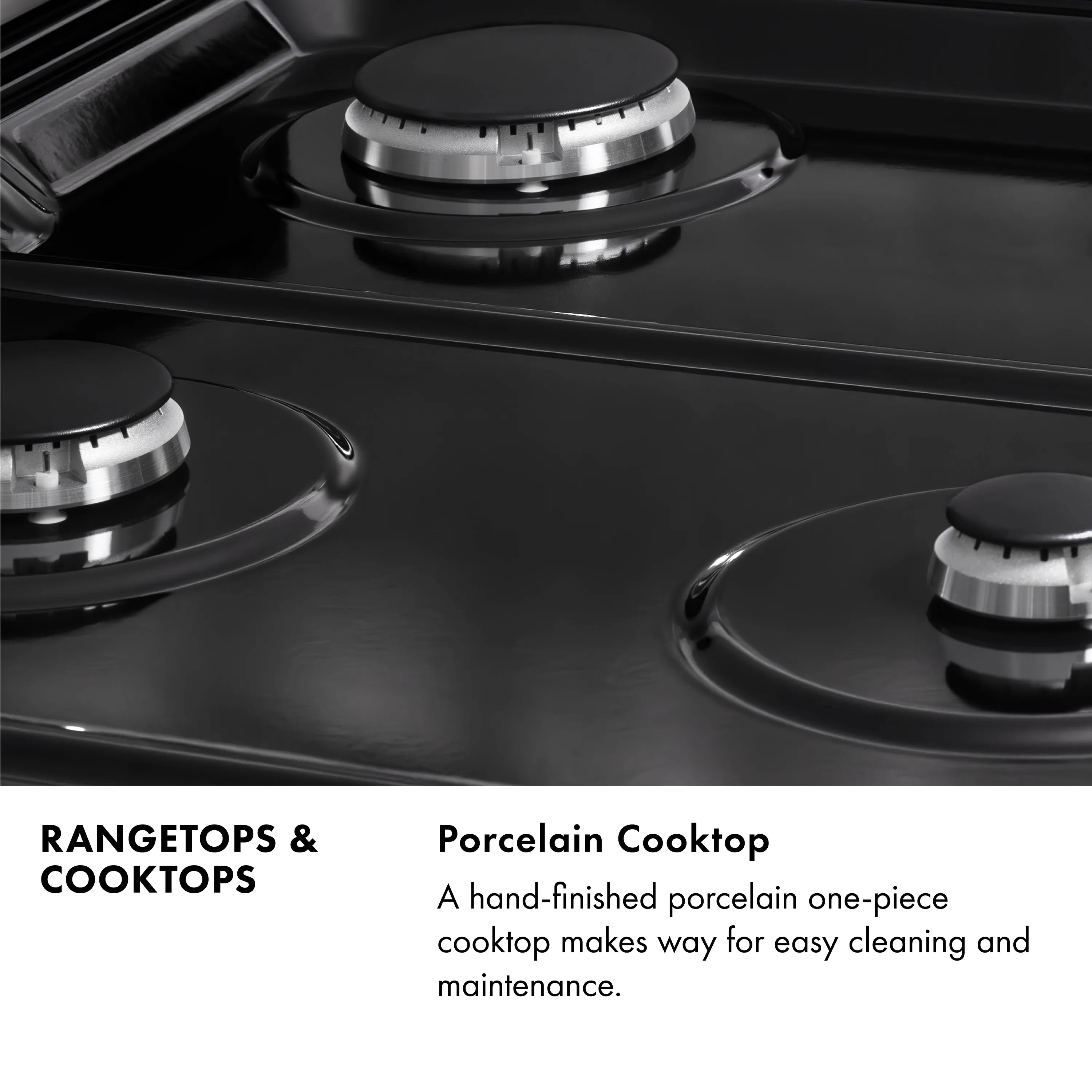 Black porcelain gas cooktop close-up with burner caps, grates, and glossy black surface