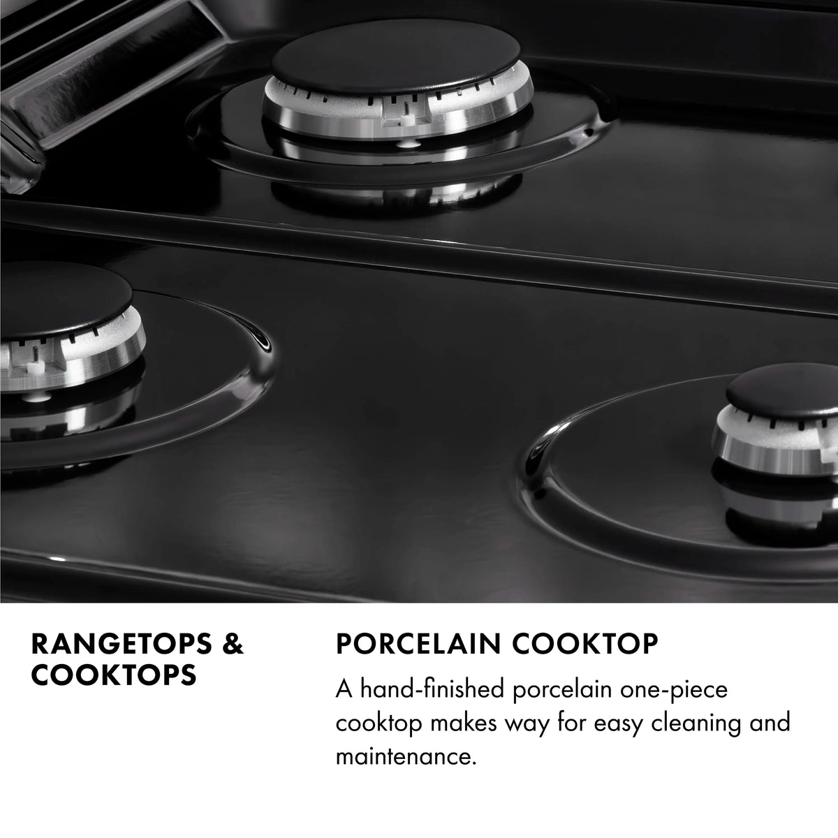 Stainless steel gas cooktop surface with multiple burner heads and black caps